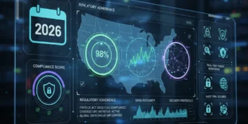 Digital dashboard showing 2026 compliance metrics and data security