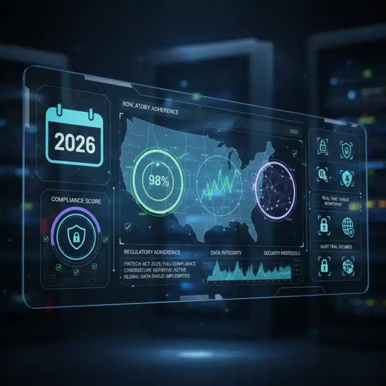 Digital dashboard showing 2026 compliance metrics and data security