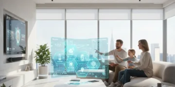 Futuristic smart home living room with holographic interface in 2026, showing integrated device controls.