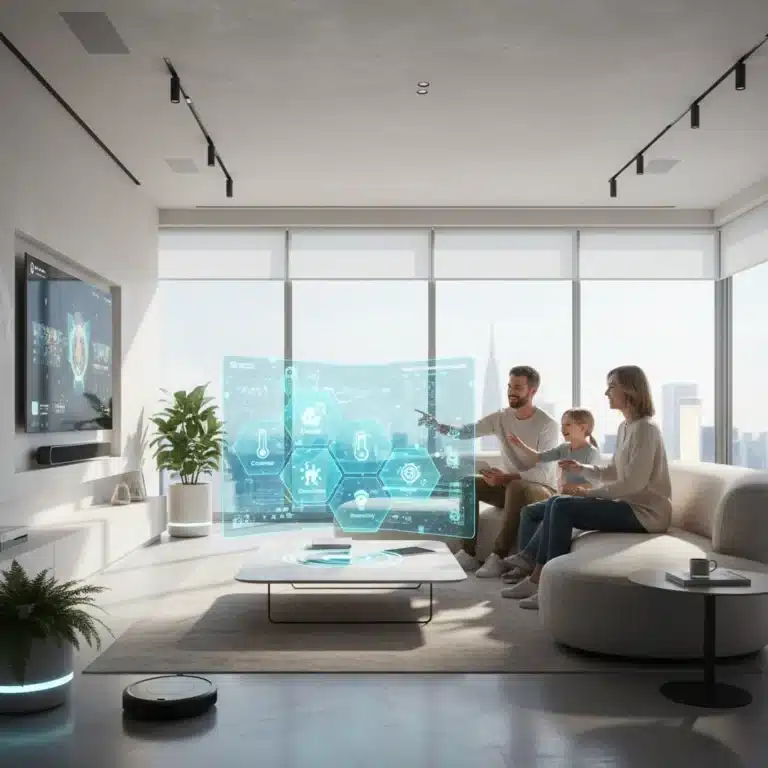 Futuristic smart home living room with holographic interface in 2026, showing integrated device controls.