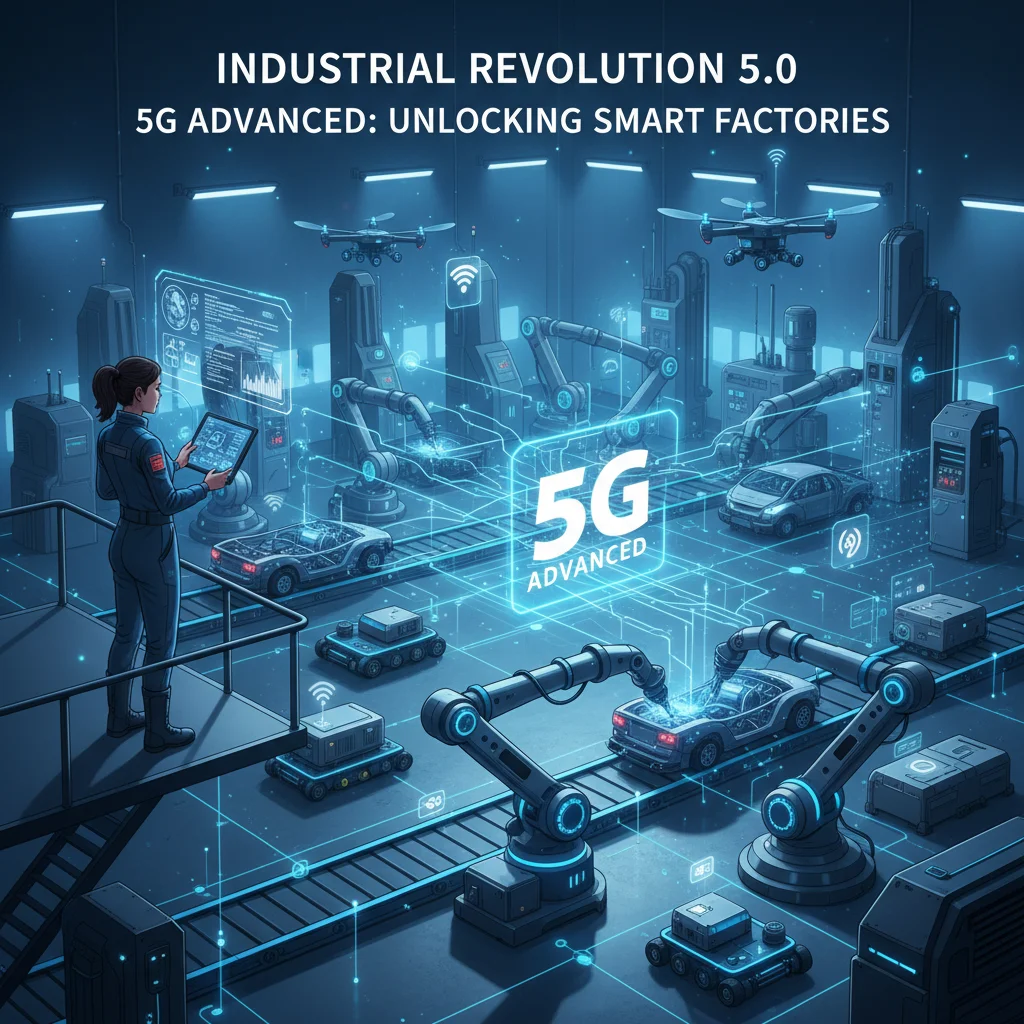 Smart factory with robots and IoT devices connected via 5G Advanced, managed by an engineer.