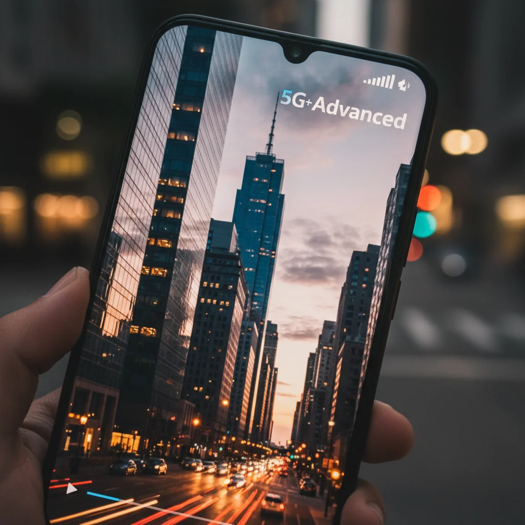 Smartphone displaying seamless 5G Advanced video streaming with full signal.