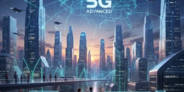 Futuristic cityscape with glowing data lines representing 5G Advanced connectivity in the US.