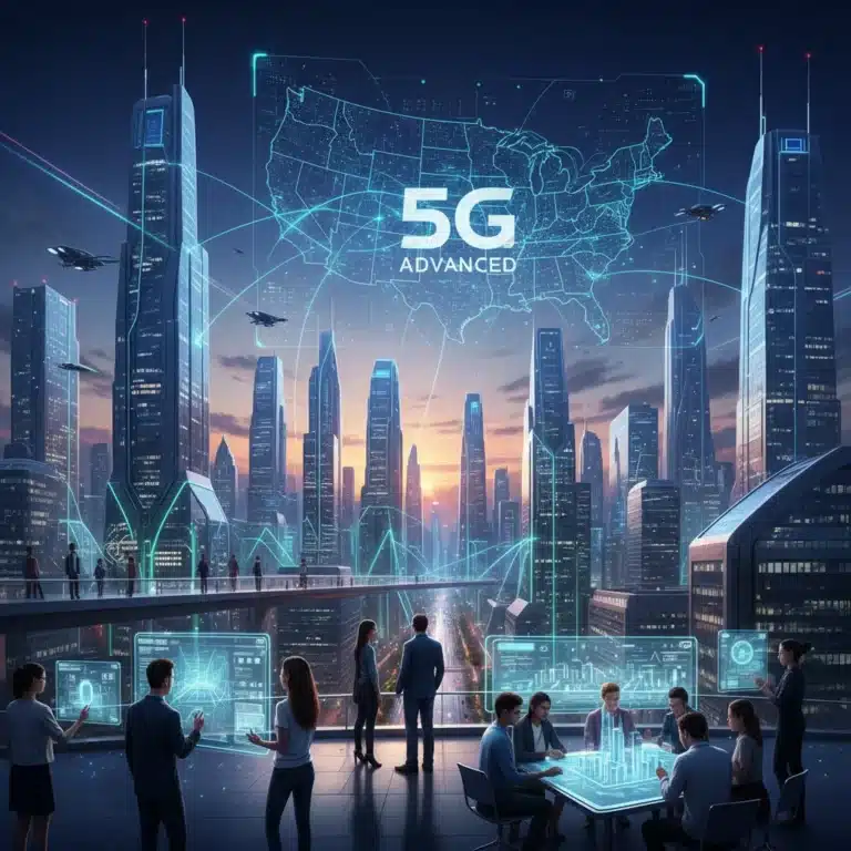 Futuristic cityscape with glowing data lines representing 5G Advanced connectivity in the US.