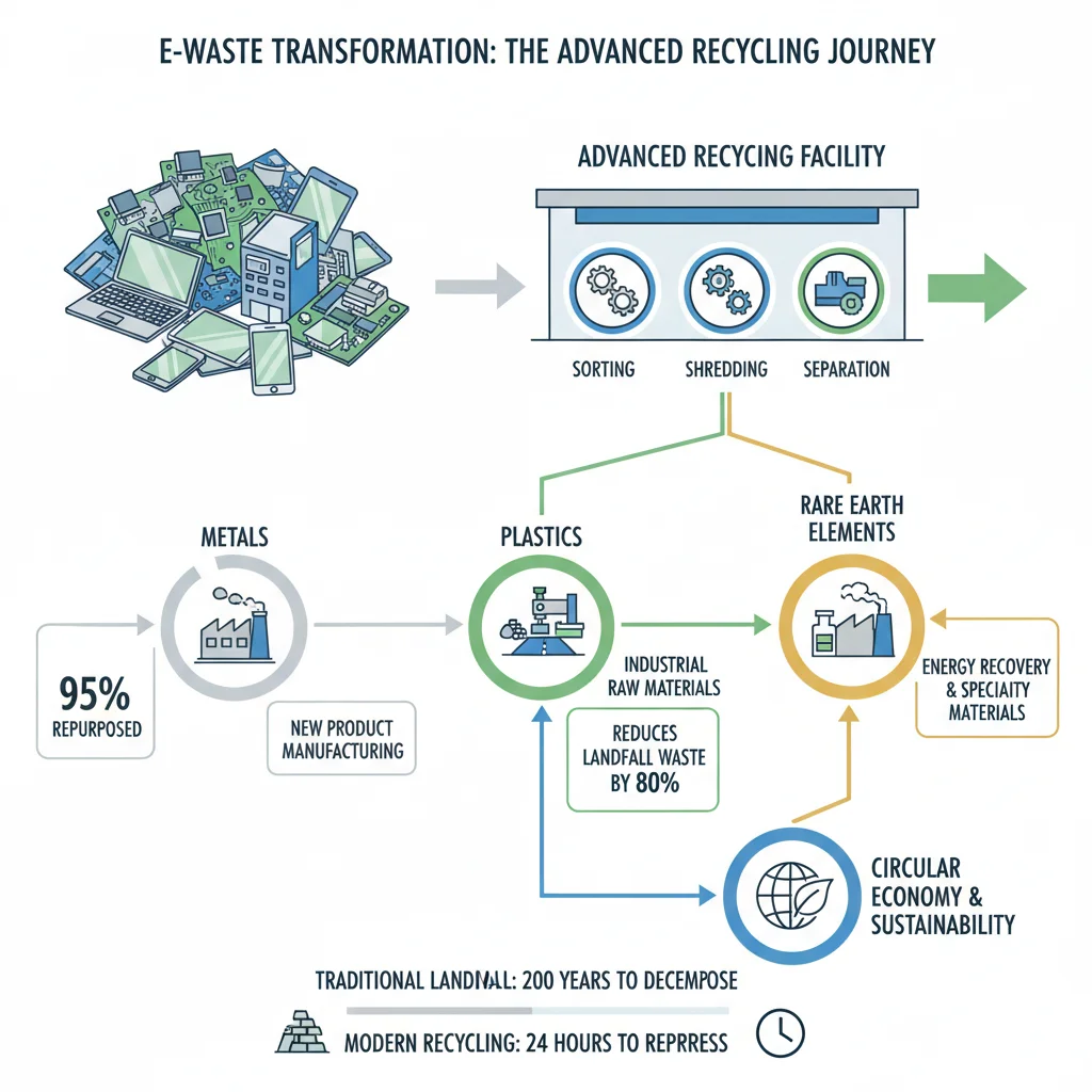 Infographic showing advanced e-waste recycling process and material recovery
