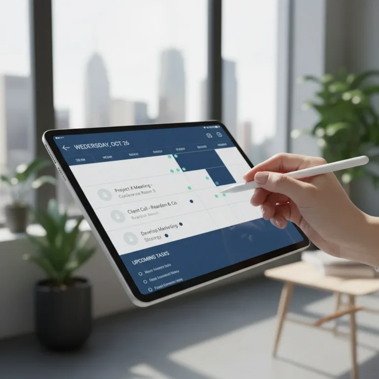 Modern tablet displaying an advanced scheduling app interface with organized appointments and tasks for US professionals.