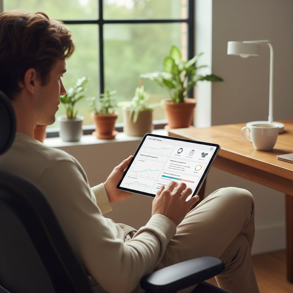 Person analyzing aggregated health data from wearables on a tablet