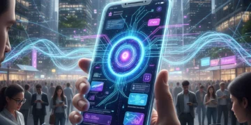 AI-powered personalized app interface on a smartphone, indicating high user retention in a US urban setting.