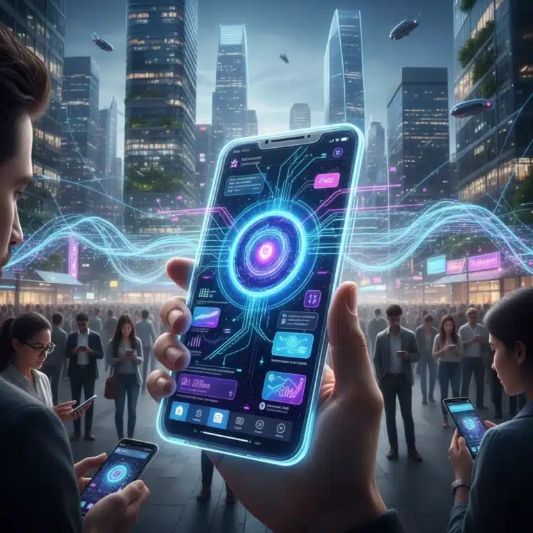 AI-powered personalized app interface on a smartphone, indicating high user retention in a US urban setting.