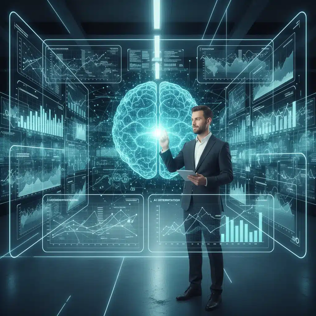AI performing complex data analysis on multiple screens for a professional