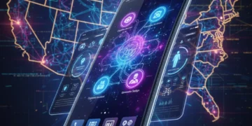 Futuristic mobile app interfaces powered by AI, representing innovation in US mobile development.