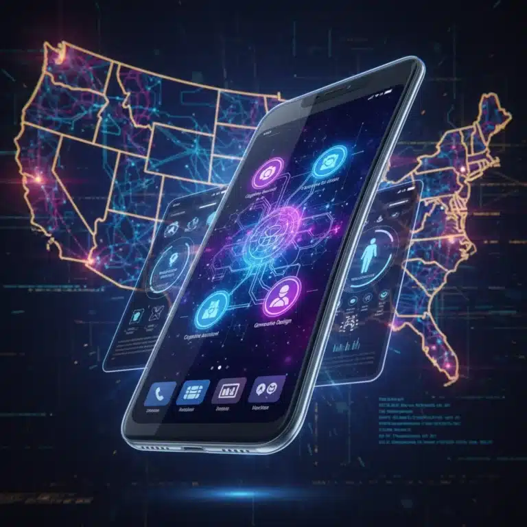 Futuristic mobile app interfaces powered by AI, representing innovation in US mobile development.