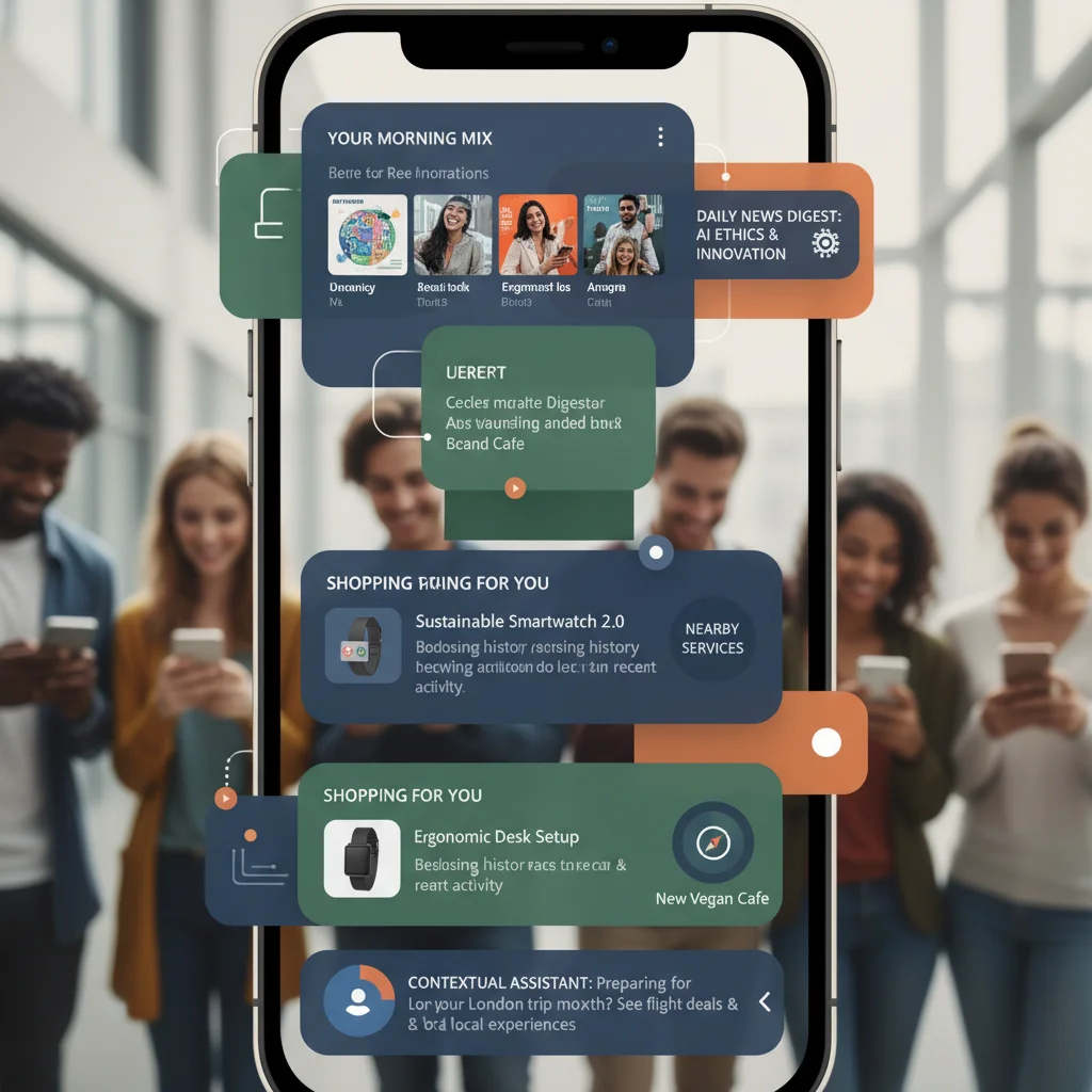 AI-powered personalized mobile app interface with recommendations.
