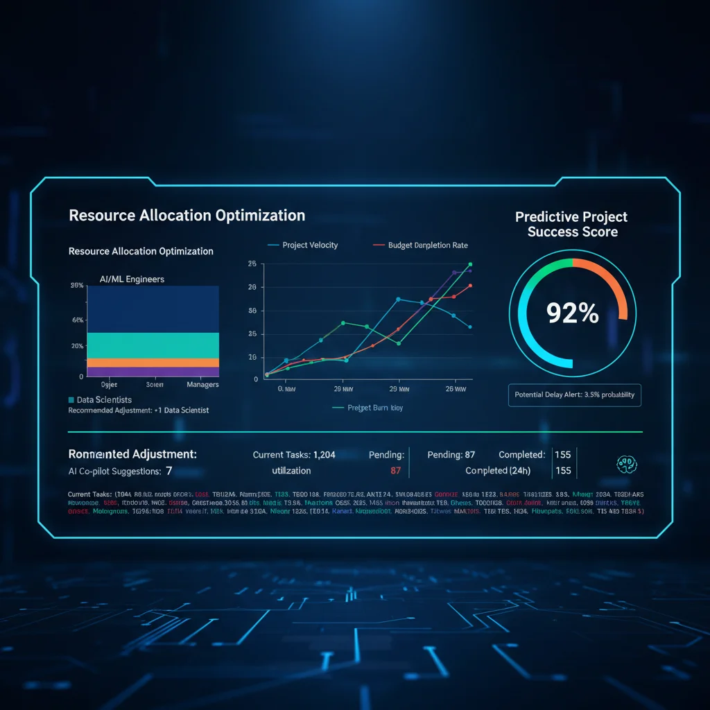 AI-powered project analytics dashboard displaying predictive insights and resource optimization