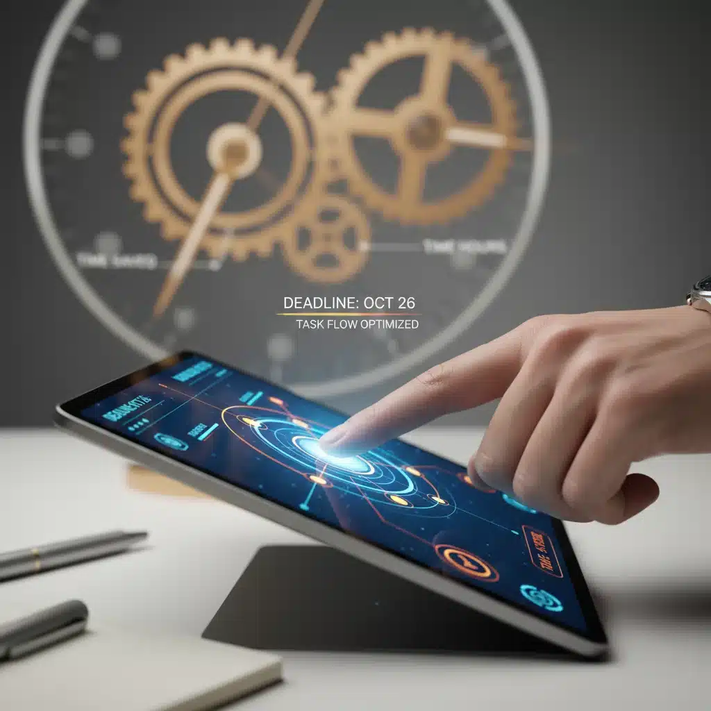 Professional using AI project management dashboard on tablet
