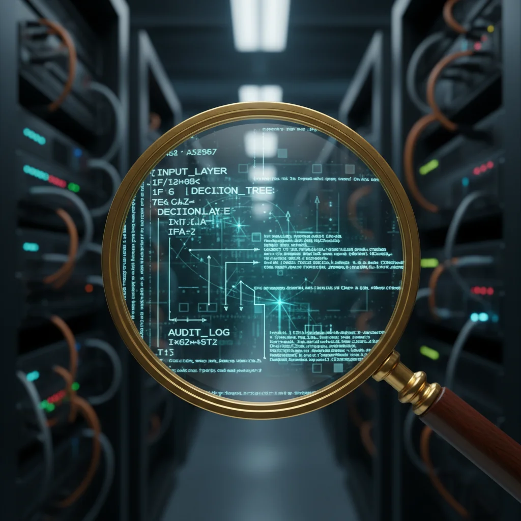 Magnifying glass scrutinizing AI code for transparency and auditability