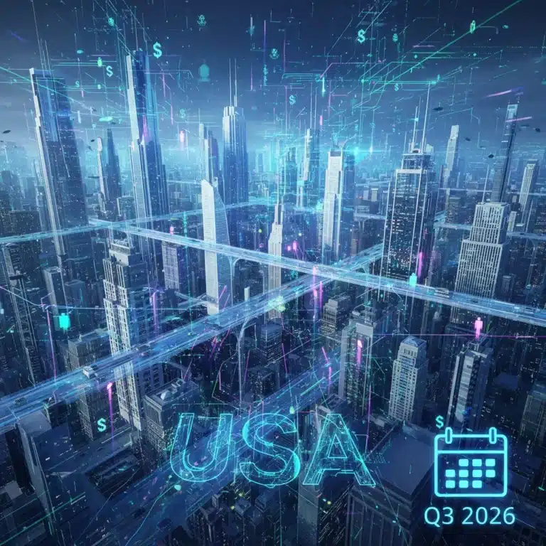 Artificial intelligence transforming US economy by Q3 2026, showing data flows and innovation.