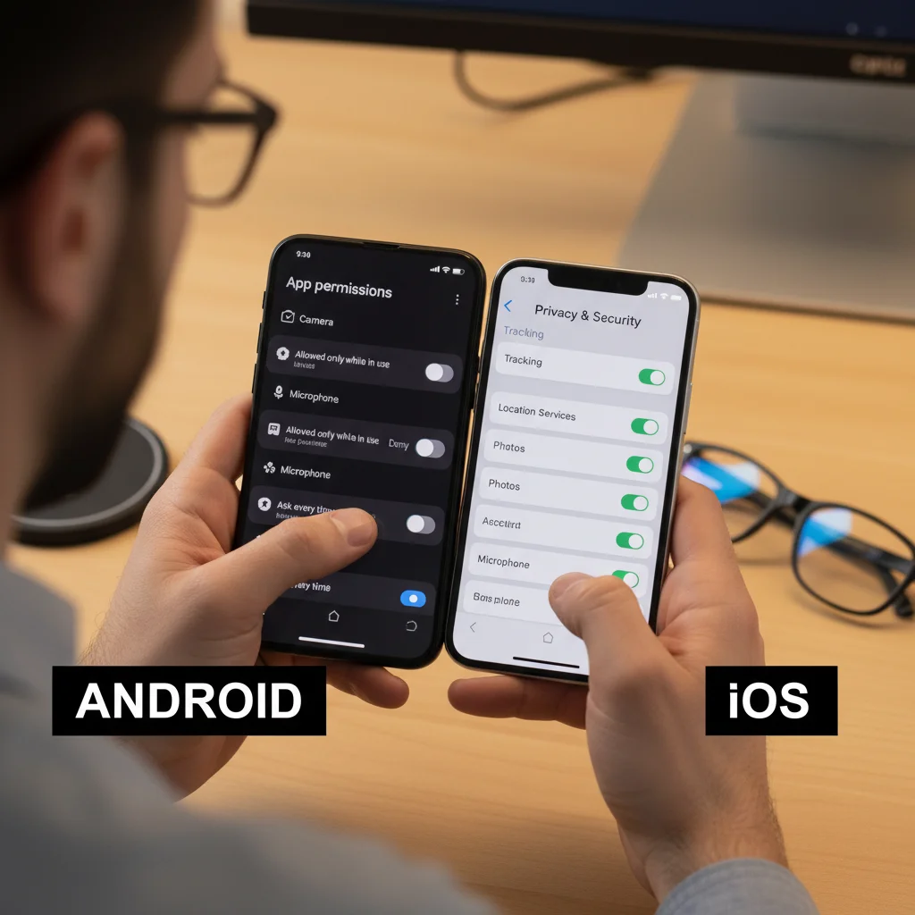 Person comparing Android and iOS mobile app permission settings on two smartphones.