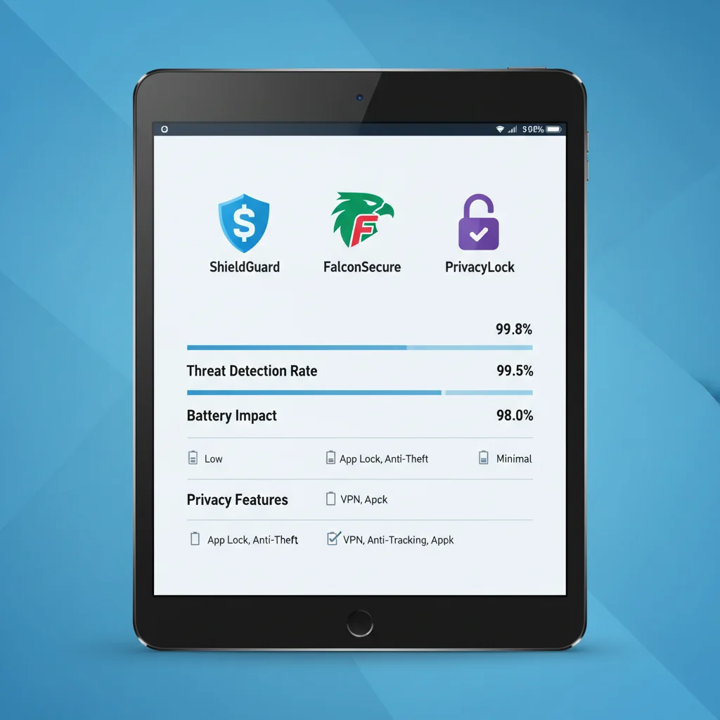 Comparison chart displaying features and performance of three mobile antivirus apps.