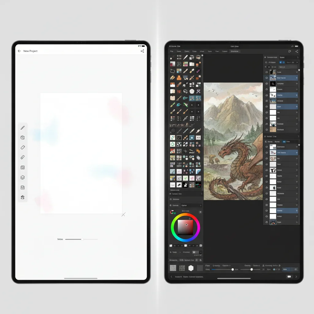 Comparison of two digital drawing app interfaces, showing different toolbars.