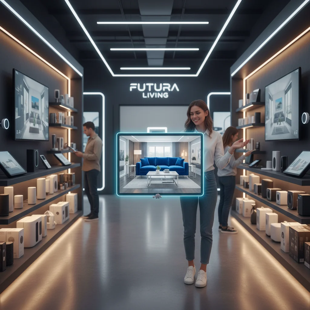 Customer visualizing furniture with augmented reality in a home goods store
