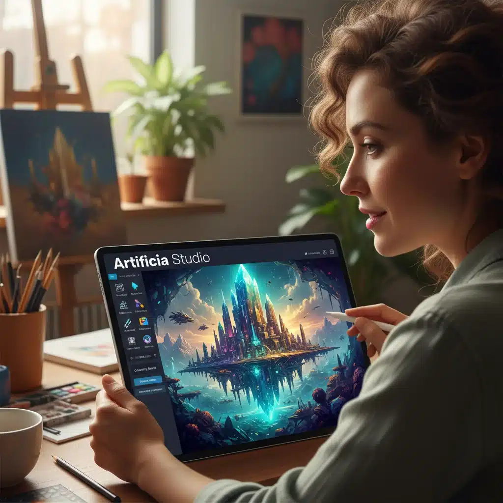 Creative professional using Artificia Studio for AI-generated concept art