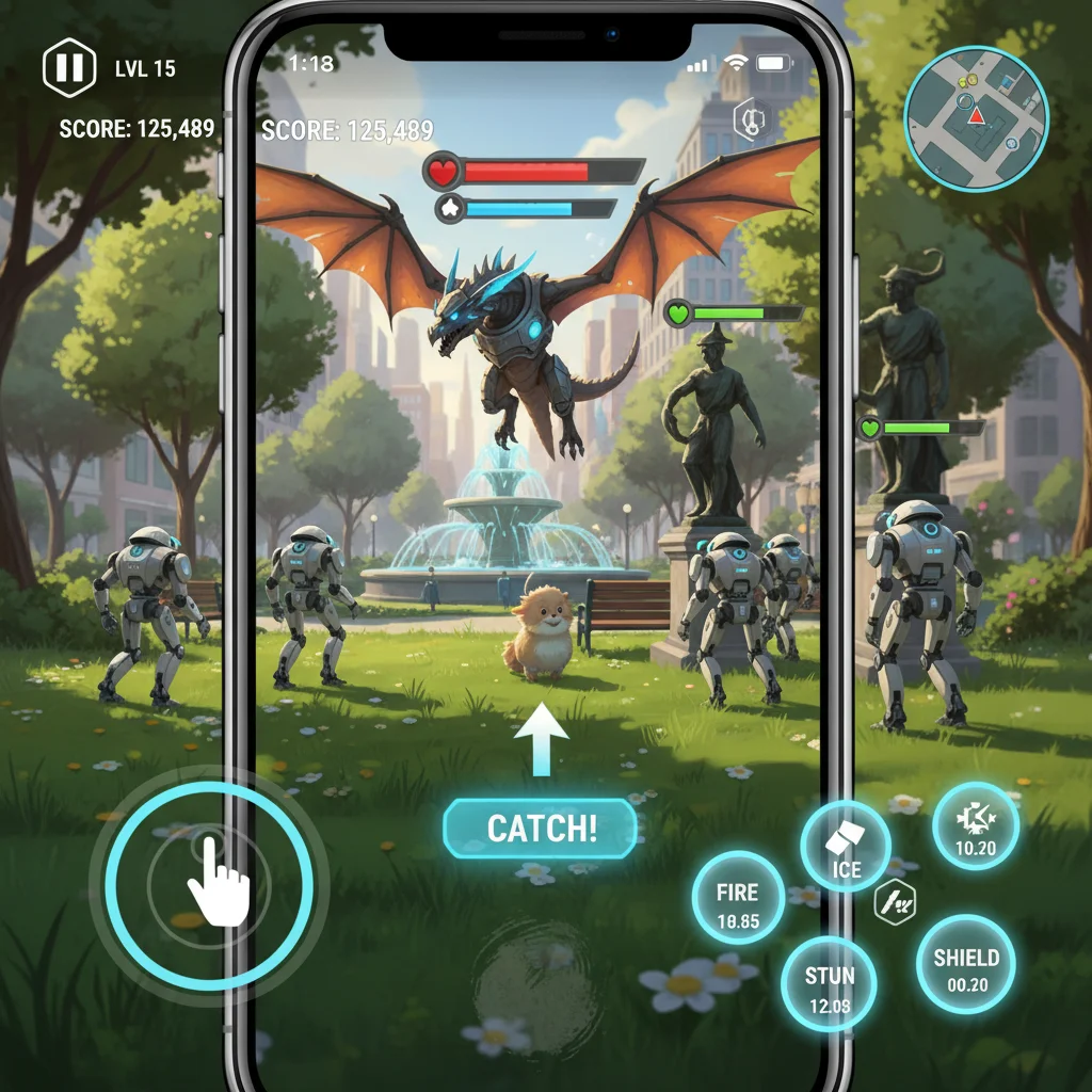 Augmented reality mobile game screenshot showing digital characters in a real-world setting.