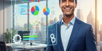 Business professional observing automated report generation on a digital screen, symbolizing efficiency and time savings in a US office.