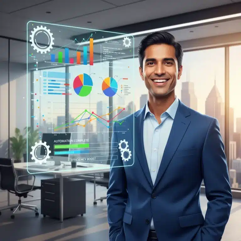 Business professional observing automated report generation on a digital screen, symbolizing efficiency and time savings in a US office.
