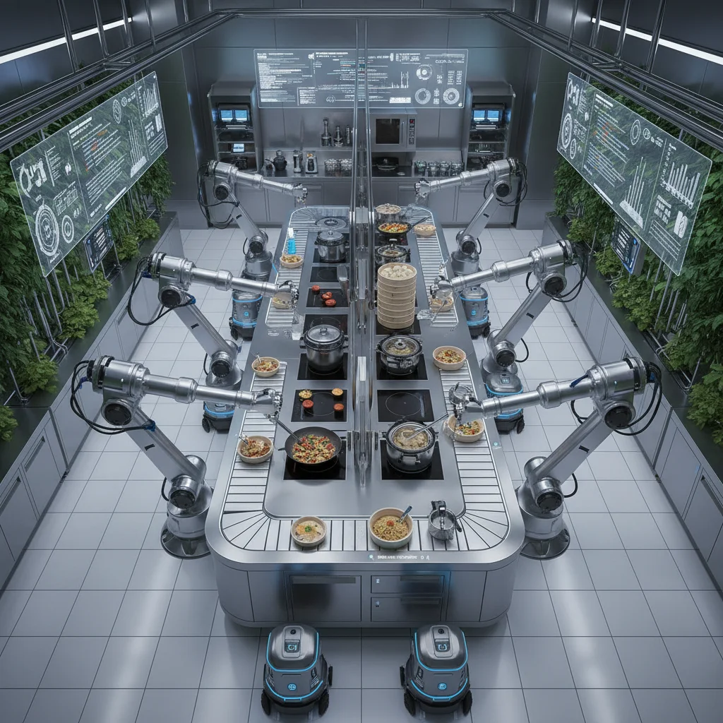 Automated smart kitchen with robotic chefs preparing meals