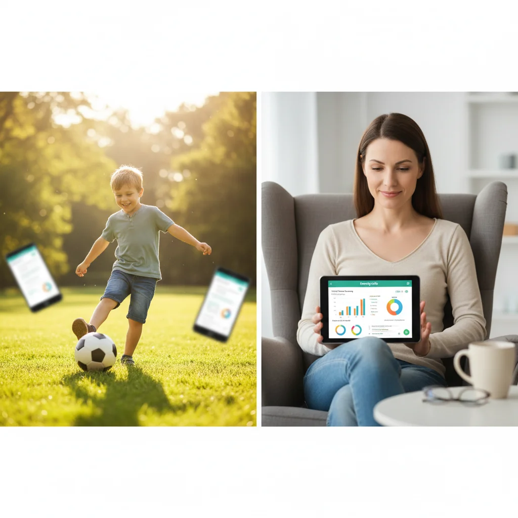 Child enjoying outdoor play while parent monitors digital activity with parental control app