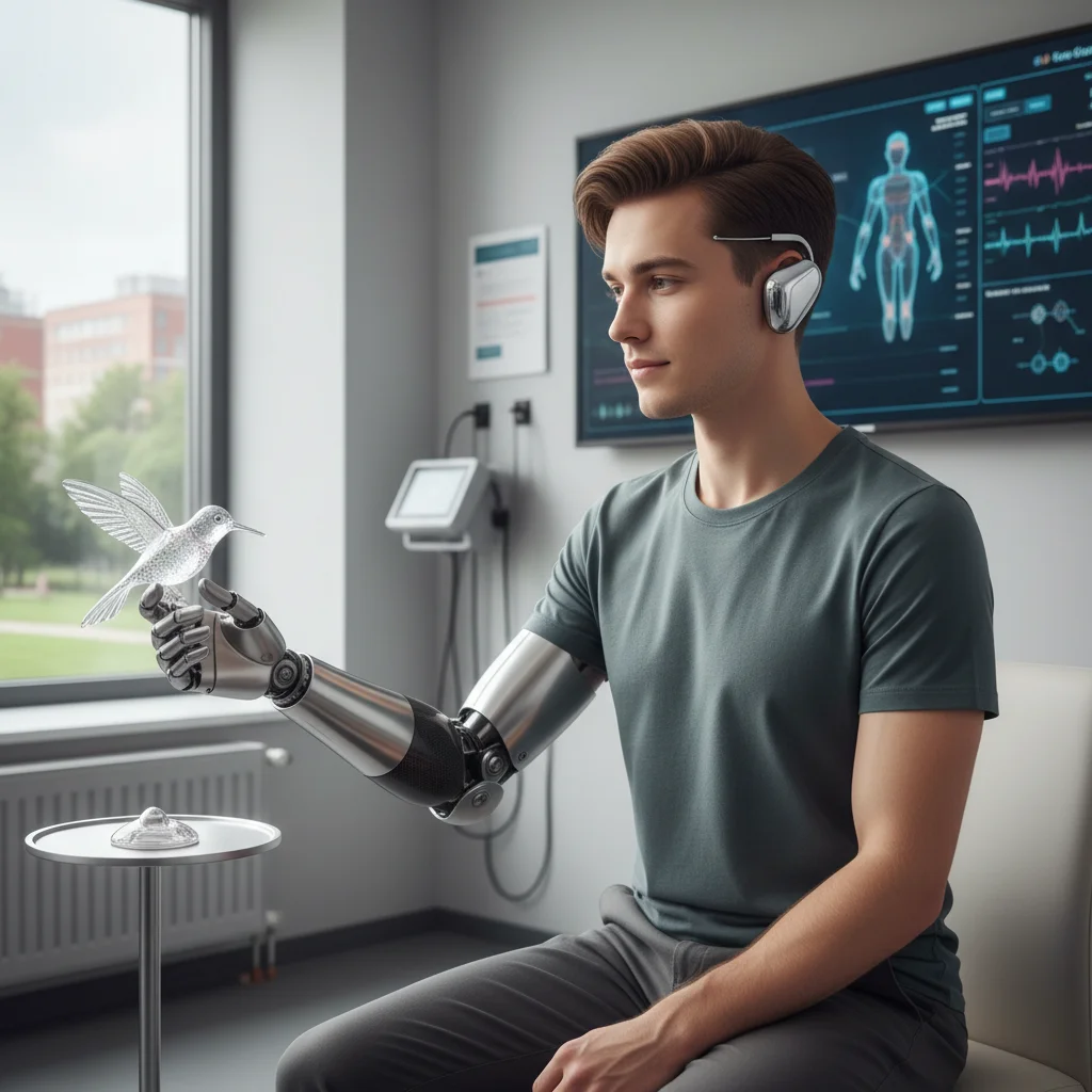 Patient using a brain-computer interface to control a prosthetic arm in a clinic.