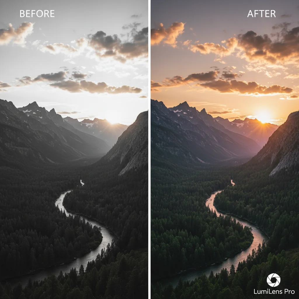 Before and after comparison of a photograph edited with the new professional photo editing app, highlighting significant improvements.