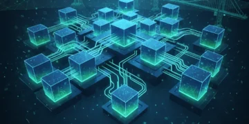 Blockchain network with US landmarks, representing enterprise applications in the US.