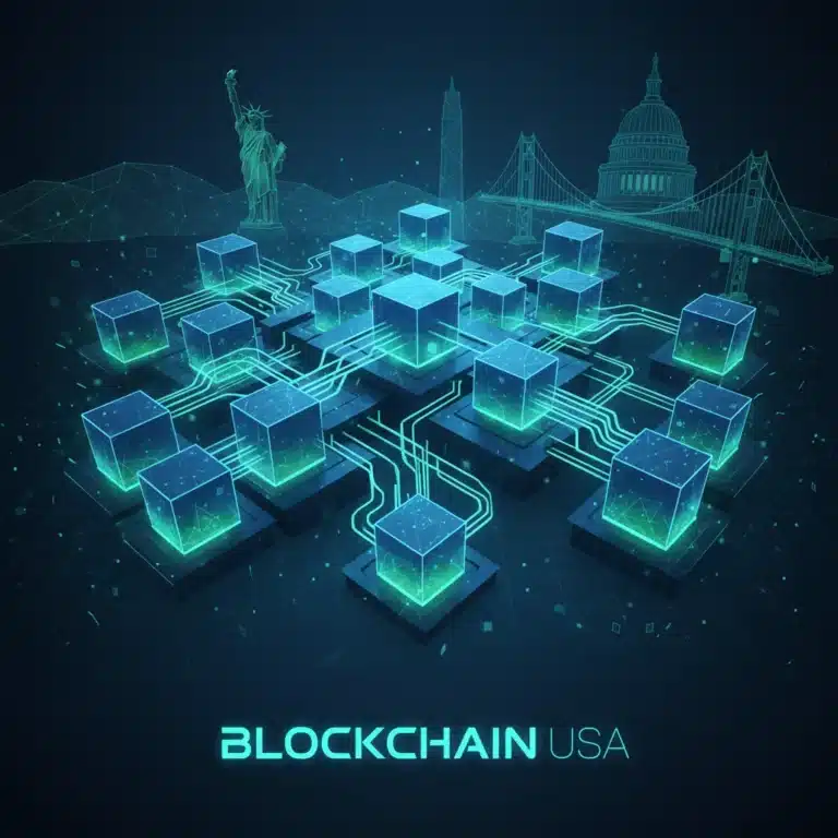 Blockchain network with US landmarks, representing enterprise applications in the US.