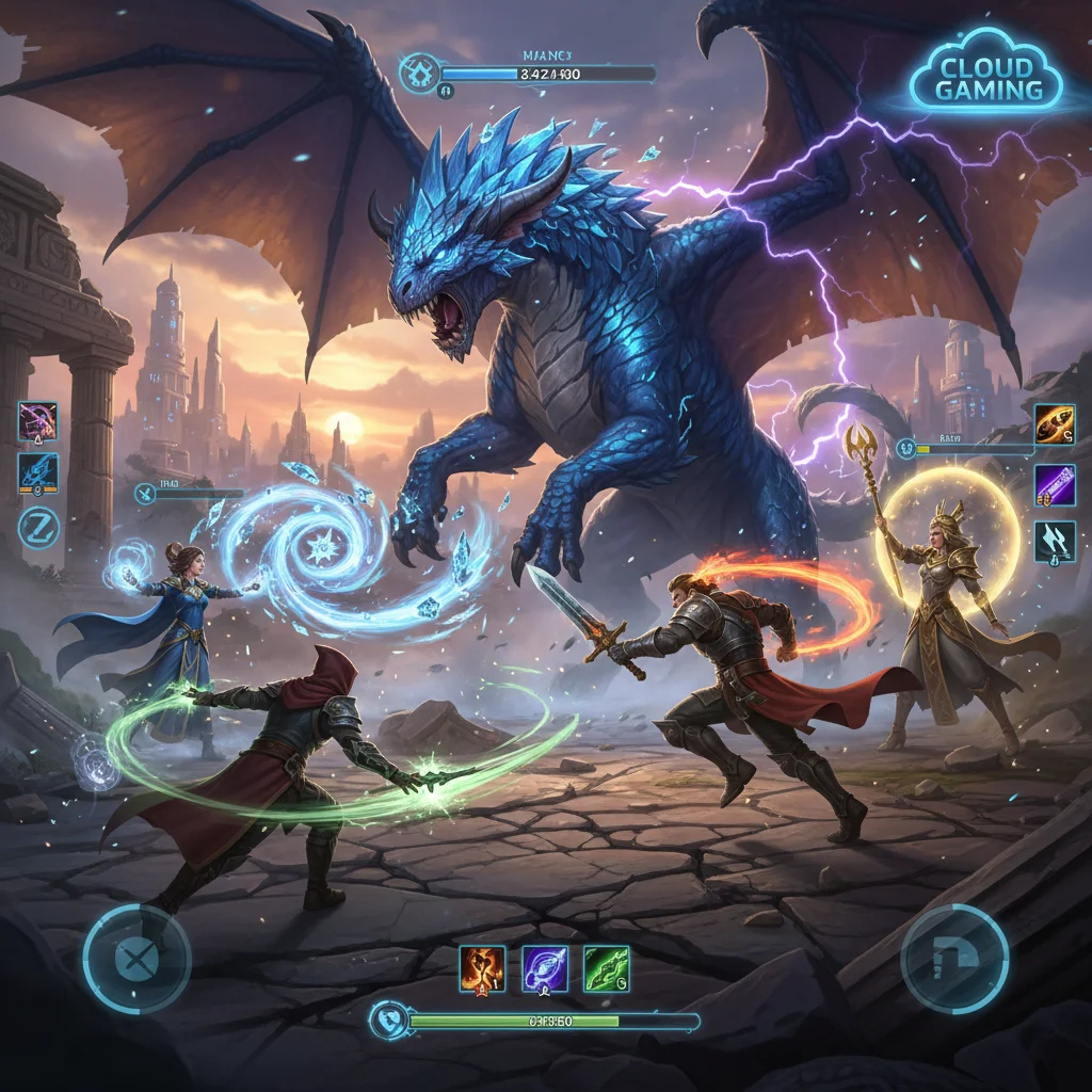 Cloud-streamed mobile RPG battle scene with heroes, mythical beast, and detailed spell effects.