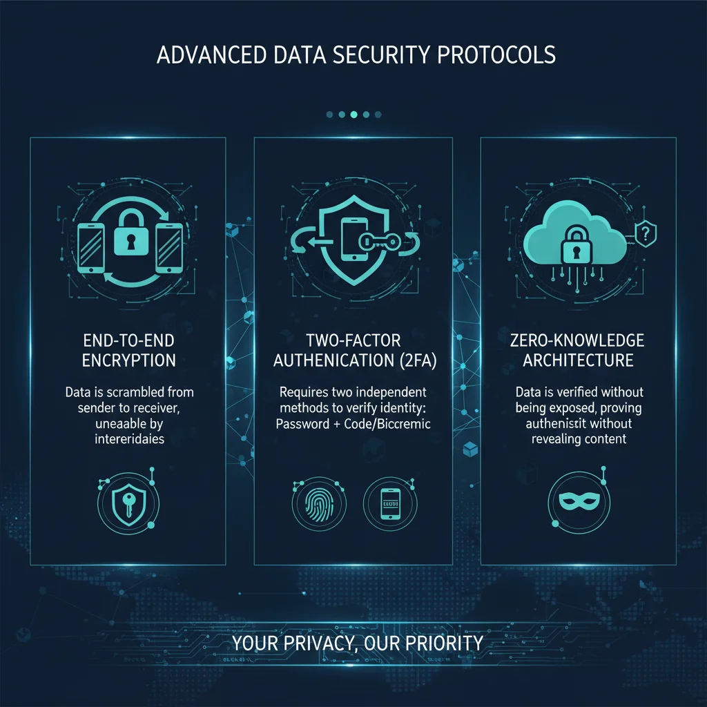 Infographic detailing cloud storage security features like encryption and 2FA