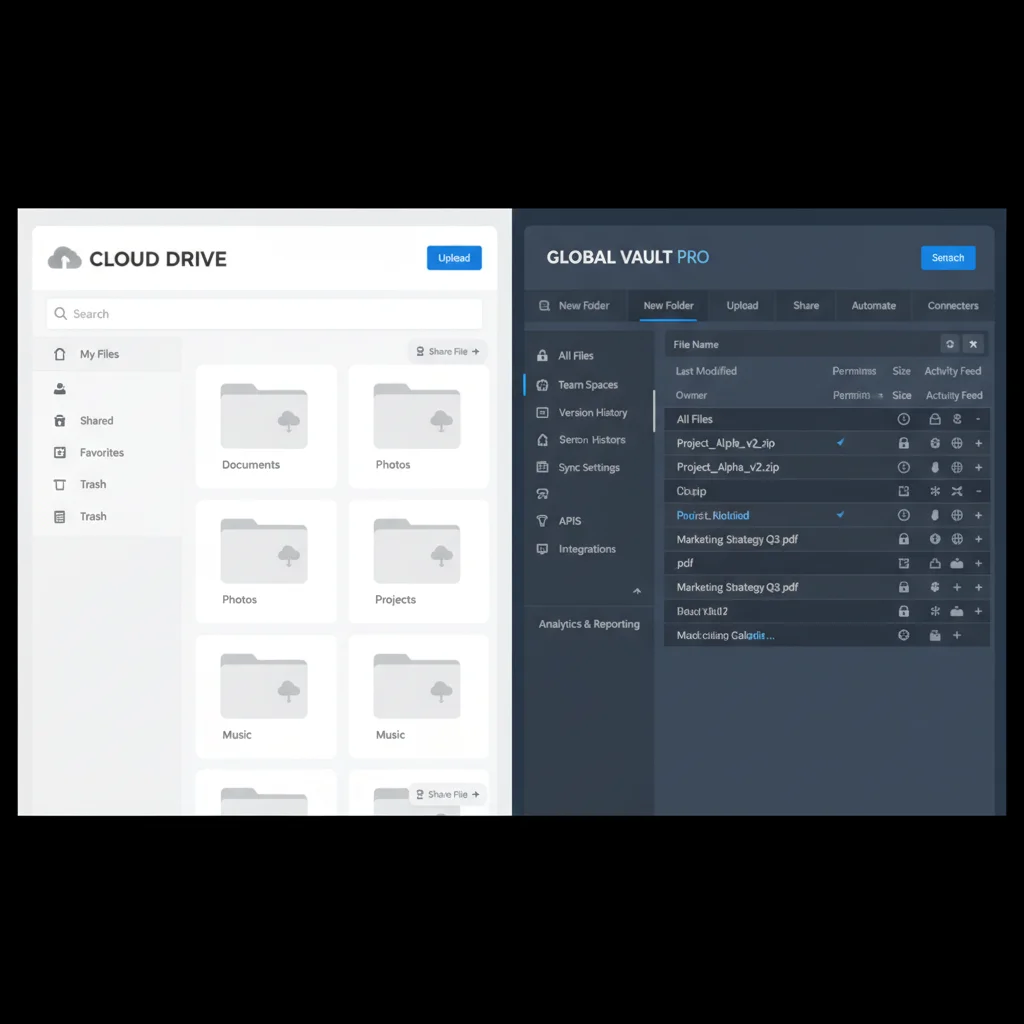 Split screen comparing user interfaces of two cloud storage applications