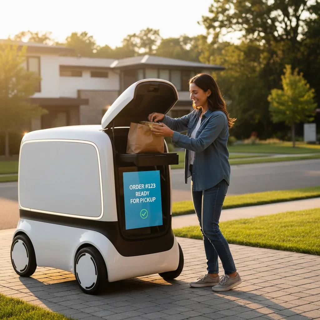 Customer receiving food from an autonomous delivery vehicle