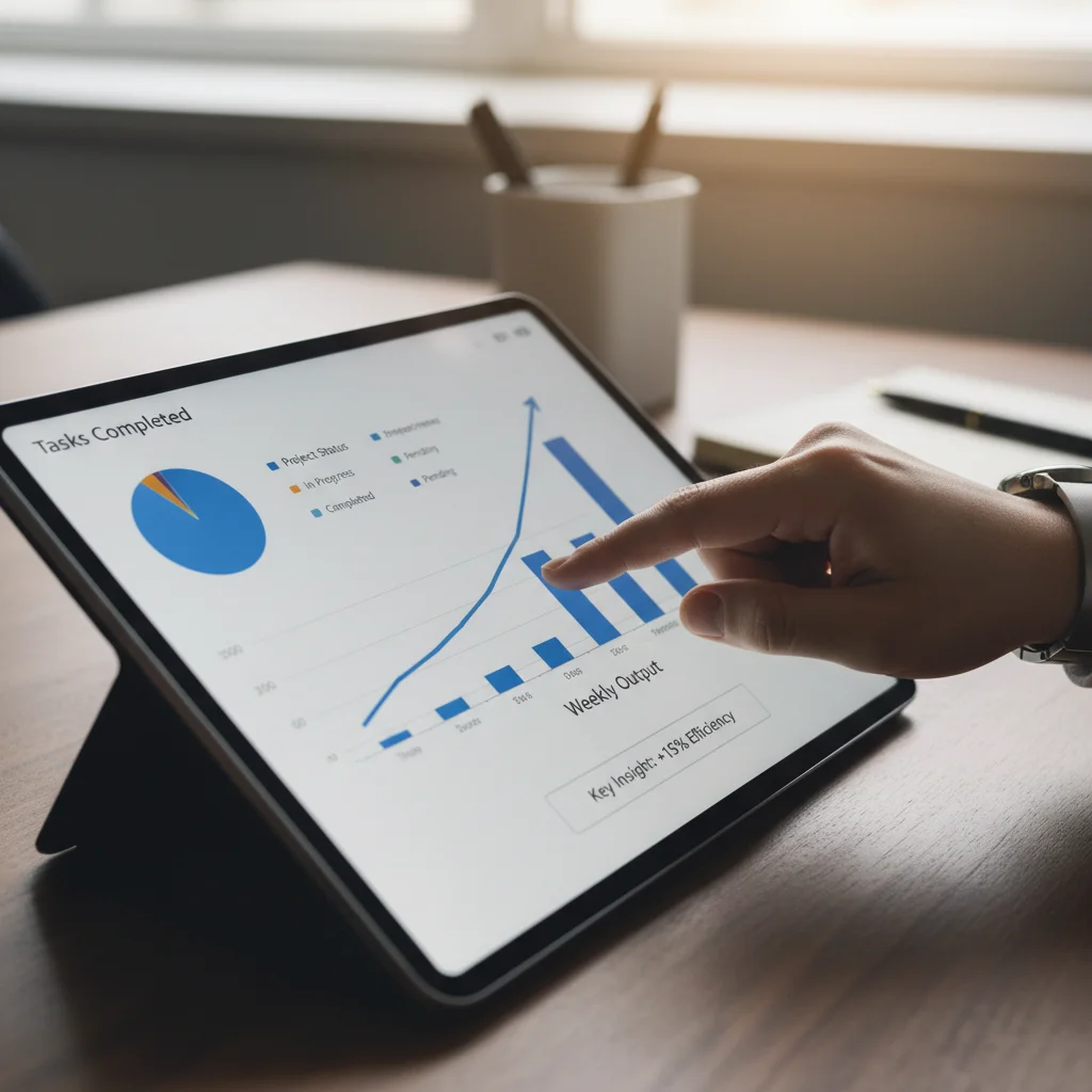 Hand analyzing data on a tablet-based productivity dashboard, highlighting key insights.