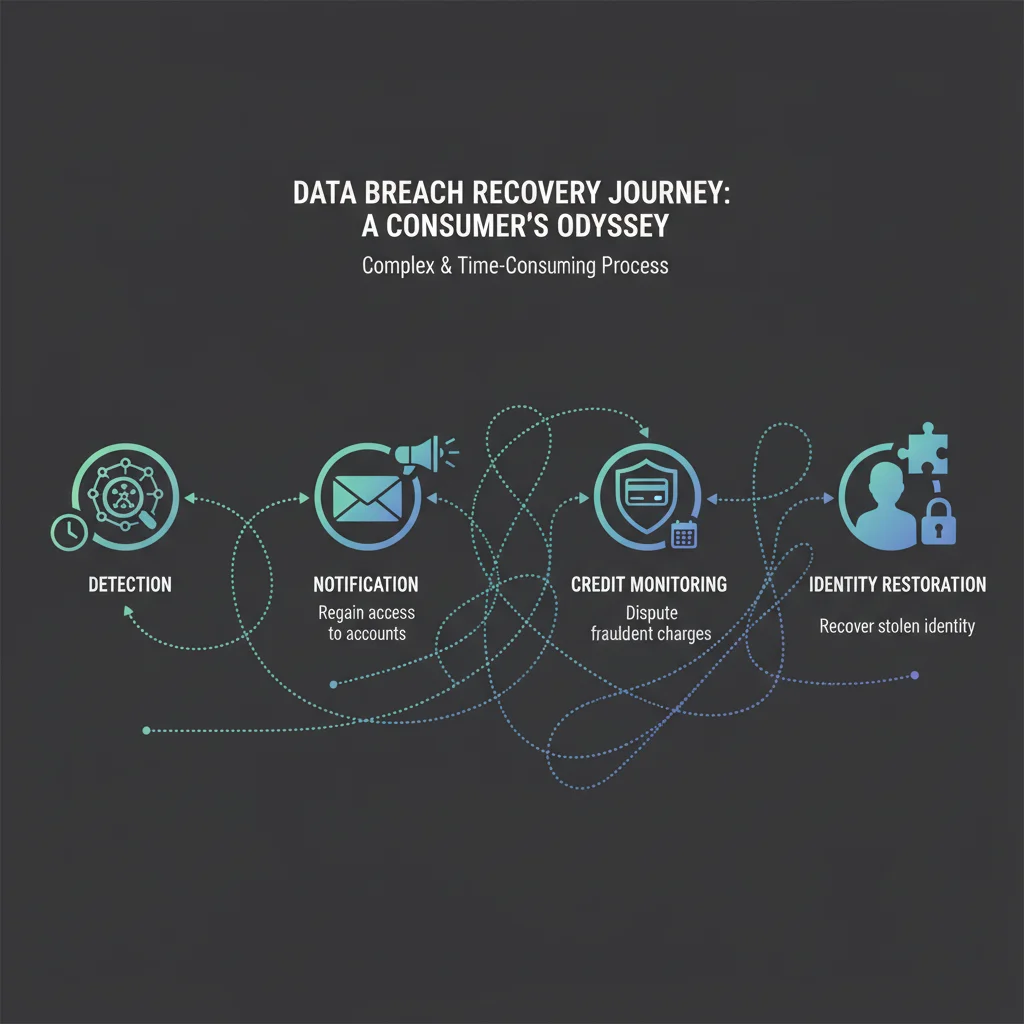 Infographic illustrating data breach recovery timeline with icons for detection, notification, credit monitoring, and identity restoration.