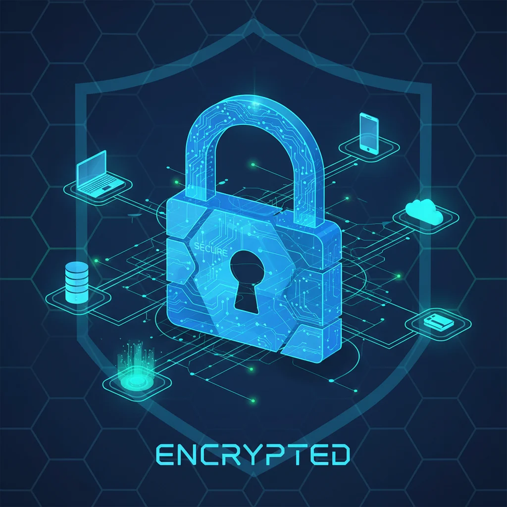 Digital padlock icon over a network, symbolizing robust data encryption and cybersecurity against theft.