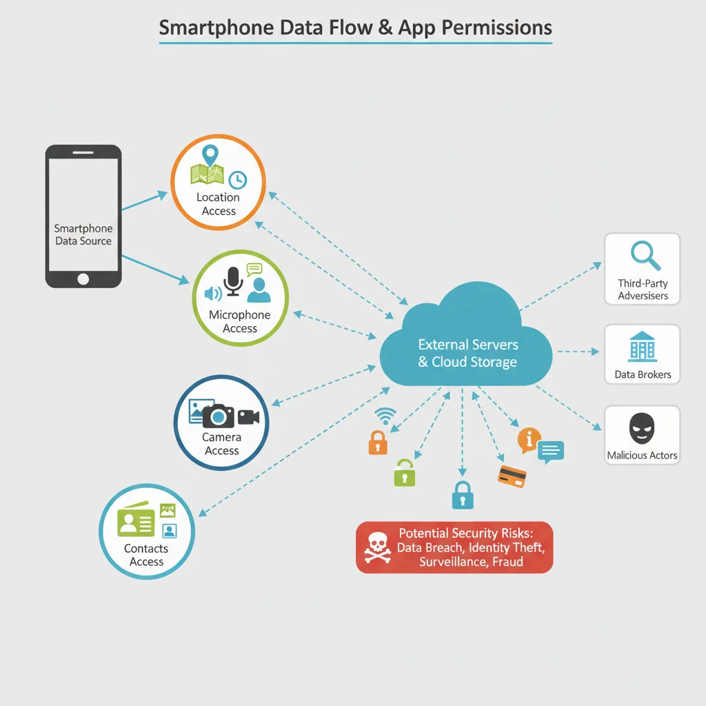Infographic showing data flow from smartphone via app permissions, highlighting privacy risks.