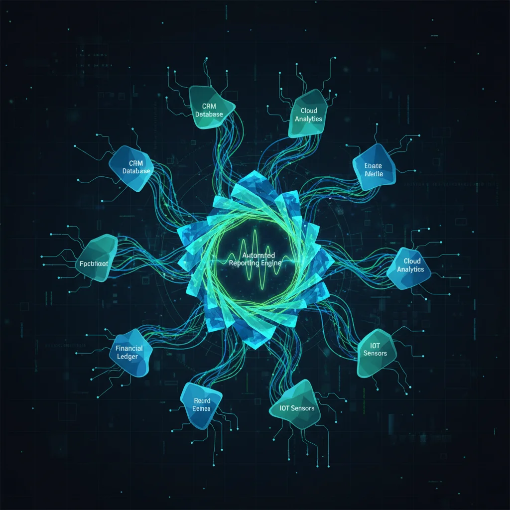 Abstract visualization of data integration and automated reporting system architecture.