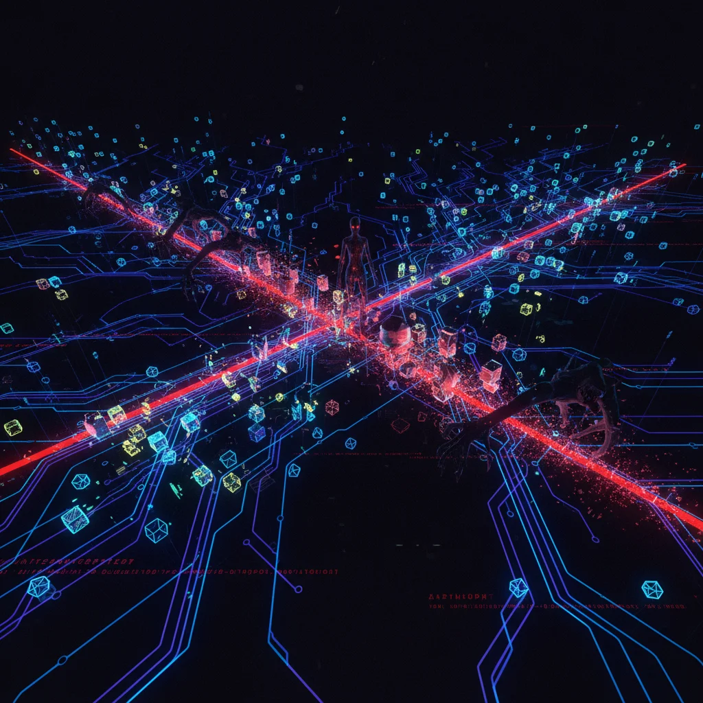 Abstract visualization of compromised data packets flowing through a network.