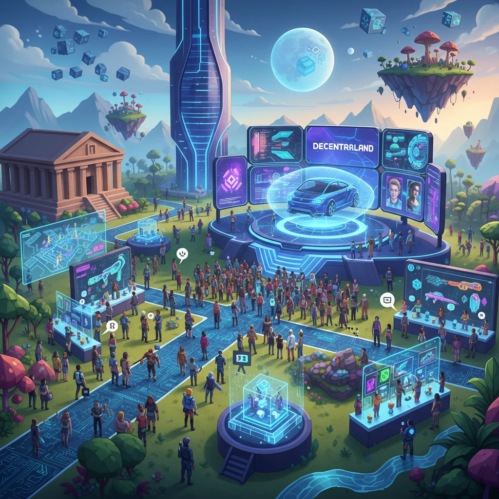 Decentraland virtual event space with avatars and interactive displays.