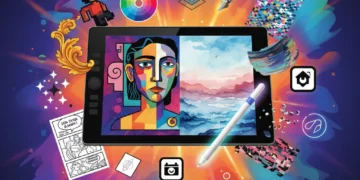 Digital art illustration with tablet and stylus, representing modern drawing apps.