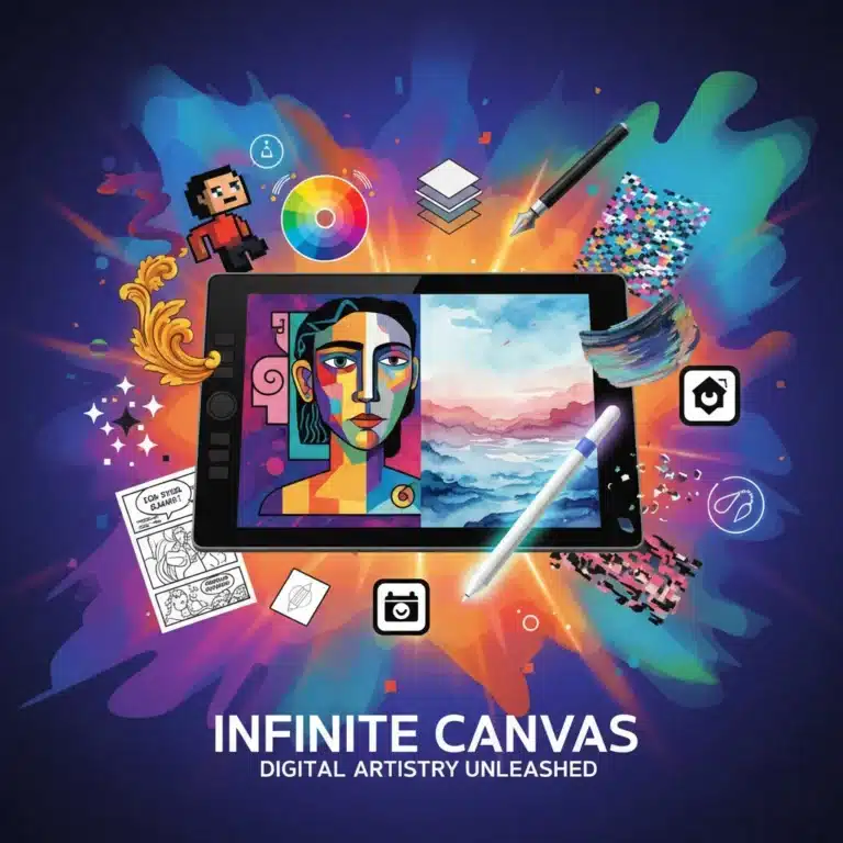 Digital art illustration with tablet and stylus, representing modern drawing apps.