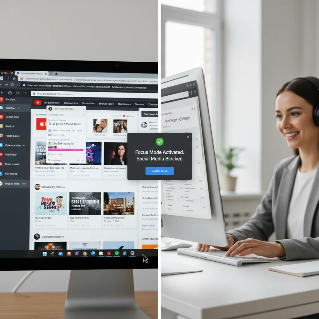 Comparison of distracted vs. focused browser windows with website blocking in action, showing improved productivity.