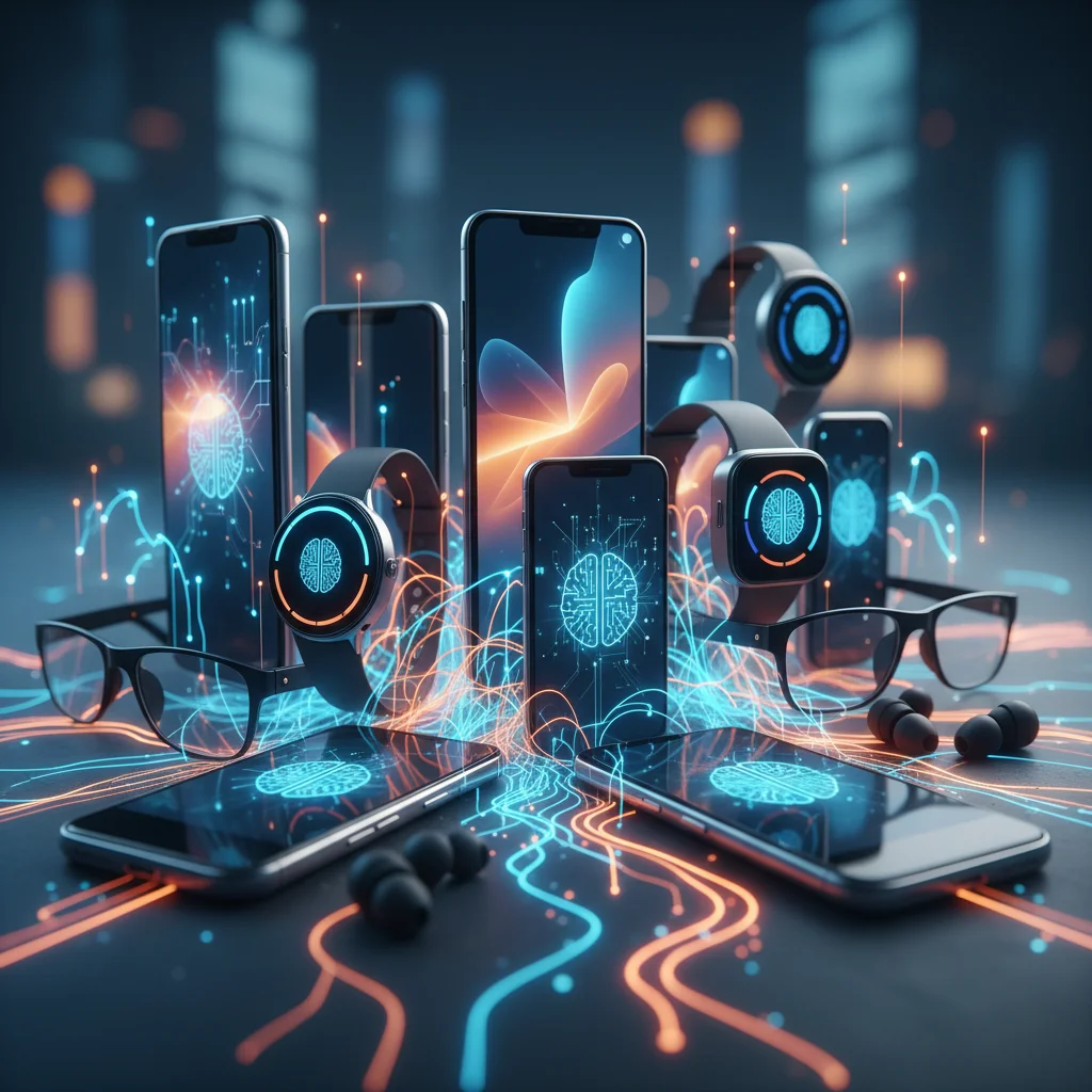 Interconnected mobile devices demonstrating distributed edge computing and on-device AI capabilities.